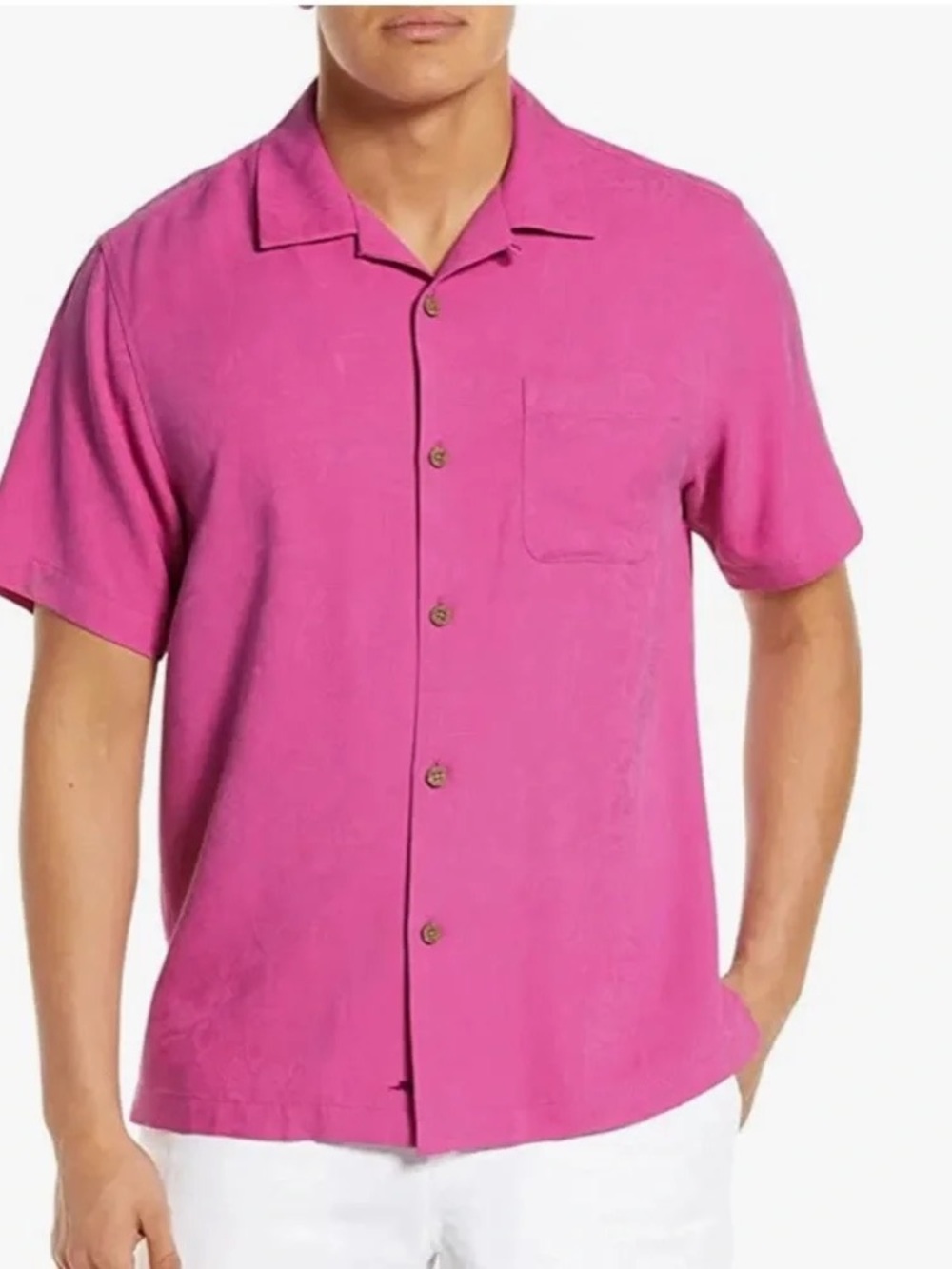 Tommy Bahama Men's Short-Sleeve 100% Silk Button-Down Shirt in Fuchsia